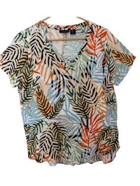 Tahari Womens 1X Tropical Leaf Print V-Neck Top 100% Cotton Short Sleeve T-Shirt
